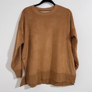 Aerie Crew Neck Fuzzy Sweater Size M Autumn Orange Cozy Side Slit Loungewear